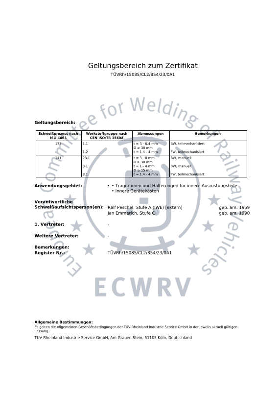 Zertifikat über Schweißen von Schienenfahrzeugen und -fahrzeugteilen nach EN 15085-2:2020