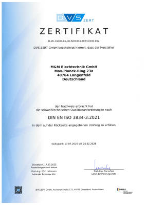 Zertifikat der Überprüfung der schweißtechnischen Qualitätsanforderungen nach ISO 3834