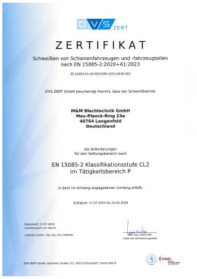 Zertifikat über Schweißen von Schienenfahrzeugen und -fahrzeugteilen nach EN 15085-2:2020+A1:2023