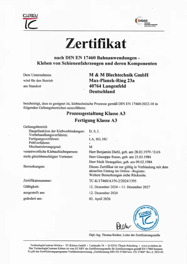 Zertifikat über das Kleben von Schienenfahrzeugen und deren Komponenten nach DIN EN 17460 Bahnanwendungen